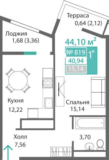 Квартира 1-комн. 40.94 кв.м
