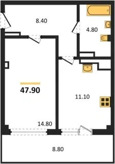 Квартира 1-комн. 47.9 кв. м
