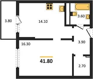Квартира 1-комн. 41.8 кв. м