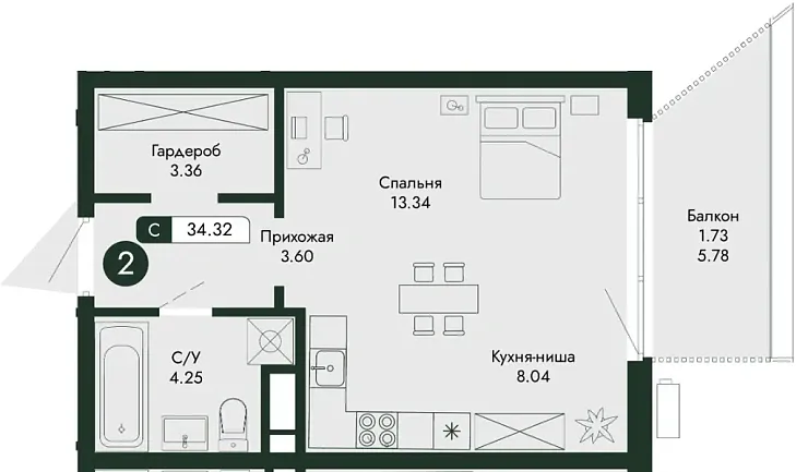 Квартира Студия 34.32 кв. м
