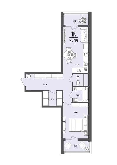Квартира 1-комн. 57.19 кв. м