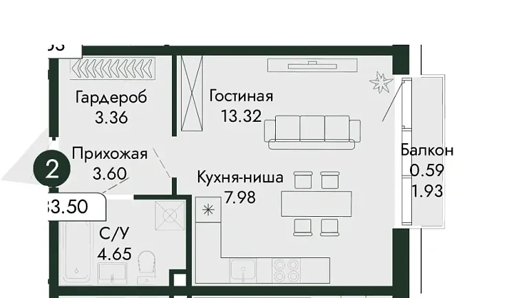 Квартира Студия 33.5 кв. м