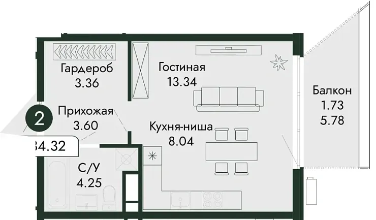Квартира Студия 34.32 кв. м