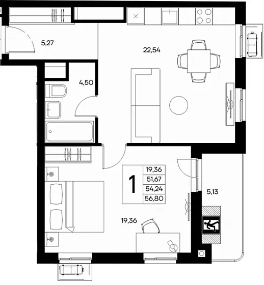 Квартира 1-комн. 56.8 кв. м