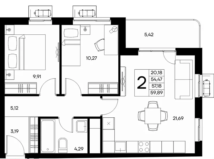 Квартира 2-комн. 59.89 кв. м