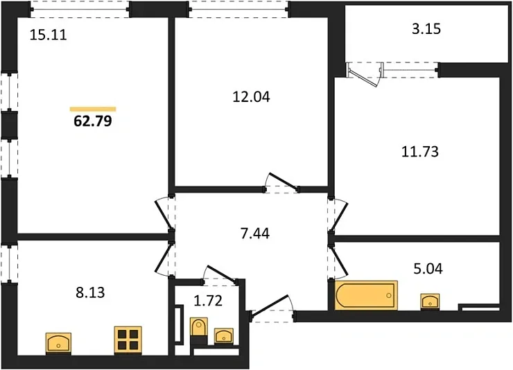 Квартира 3-комн. 64.36 кв. м