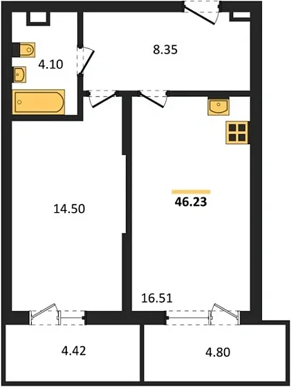 Квартира 1-комн. 46.23 кв. м