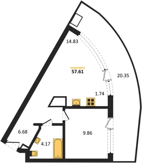 Апартаменты 1-комн. 57.61 кв. м