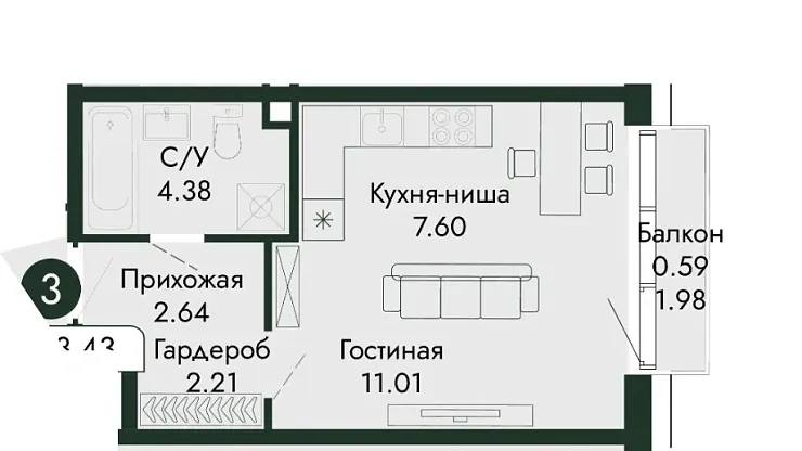 Квартира Студия 28.43 кв. м