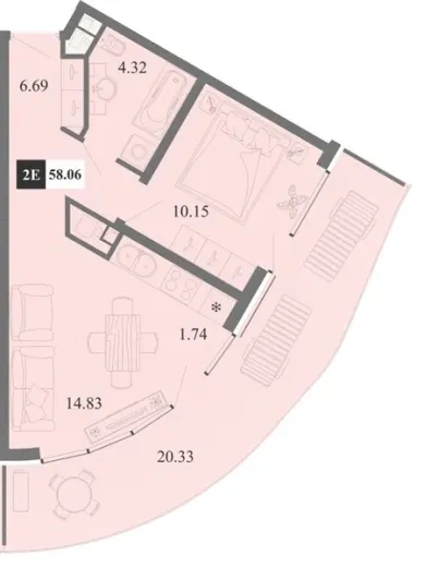 Апартаменты 1-комн. 58.06 кв. м