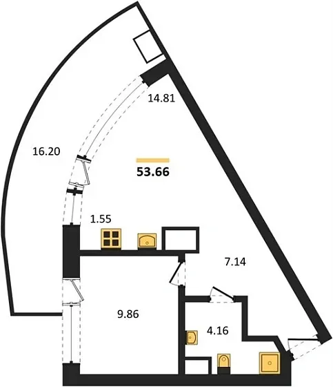 Апартаменты 1-комн. 53.66 кв. м