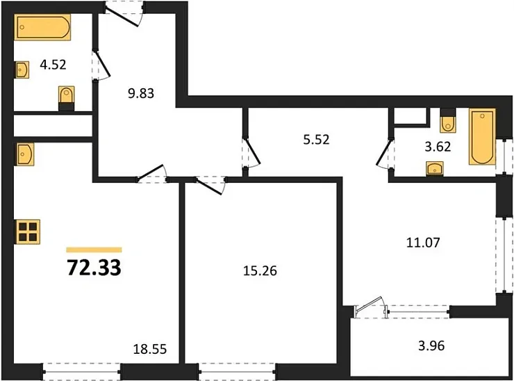 Квартира 2-комн. 72.33 кв. м