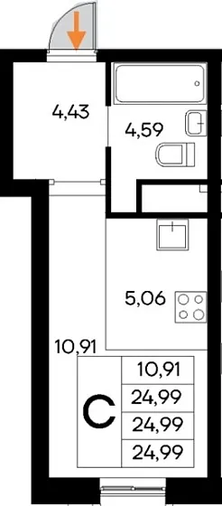 Квартира Студия 24.99 кв. м