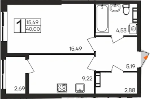 Квартира 1-комн. 40 кв. м