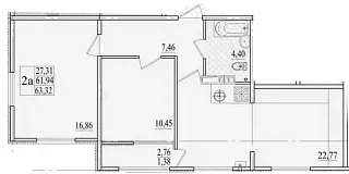 Квартира 2-комн. 63.32 кв. м
