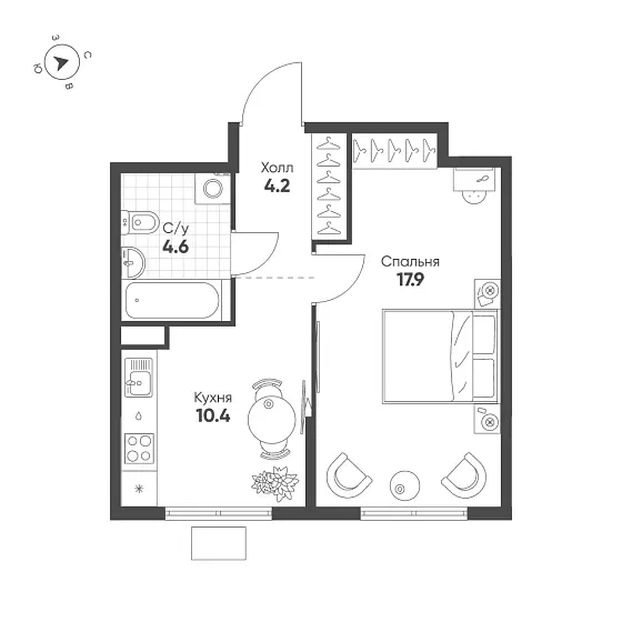 Квартира 1-комн. 37.1 кв. м