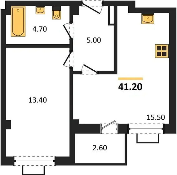 Квартира 1-комн. 41.2 кв. м