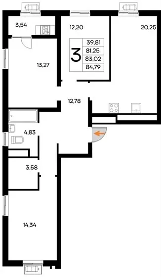 Квартира 3-комн. 84.79 кв. м