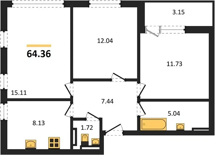 Квартира 3-комн. 64.36 кв. м