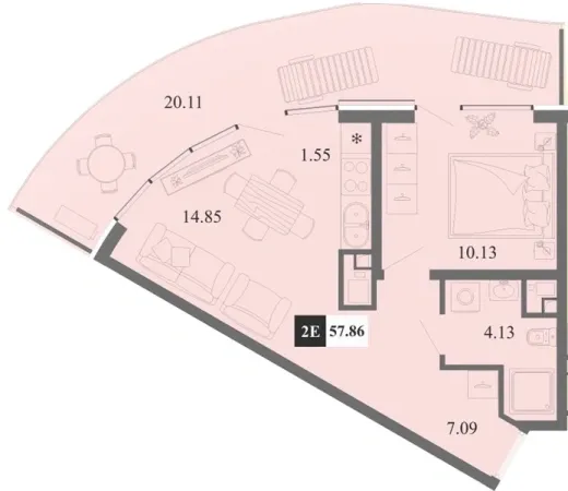 Апартаменты 1-комн. 57.86 кв. м