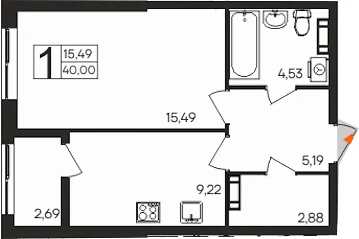 Квартира 1-комн. 40 кв. м