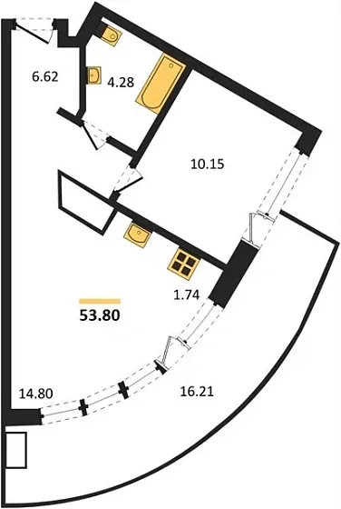 Апартаменты 1-комн. 53.8 кв. м