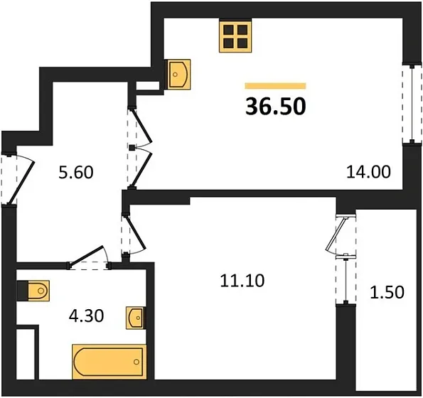 Квартира 1-комн. 36.5 кв. м