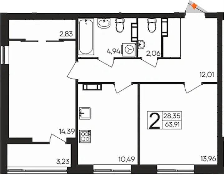 Квартира 2-комн. 63.91 кв. м