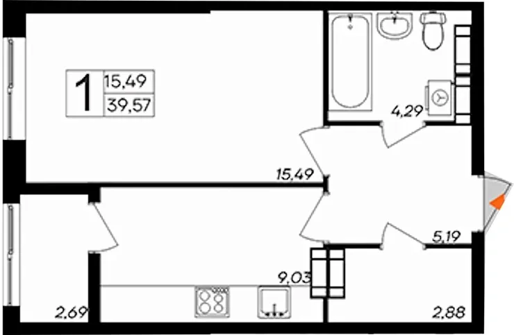 Квартира 1-комн. 39.57 кв. м