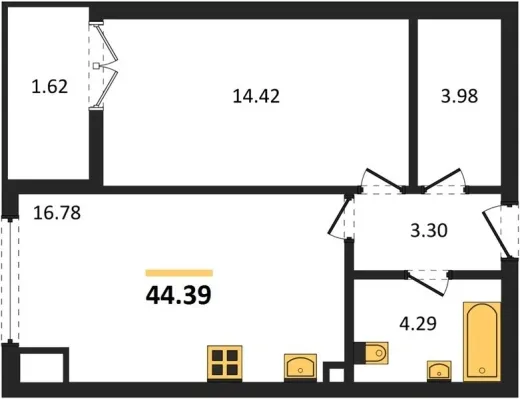 Квартира 1-комн. 44.39 кв. м