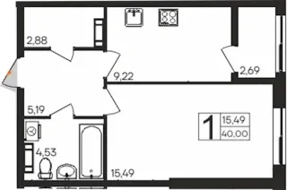 Квартира 1-комн. 40 кв. м