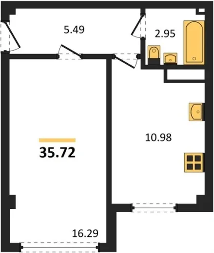 Квартира 1-комн. 35.72 кв. м