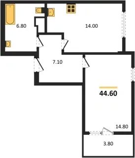 Квартира 1-комн. 44.6 кв. м
