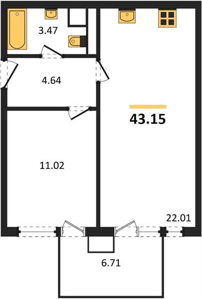 Квартира 1-комн. 43.15 кв. м