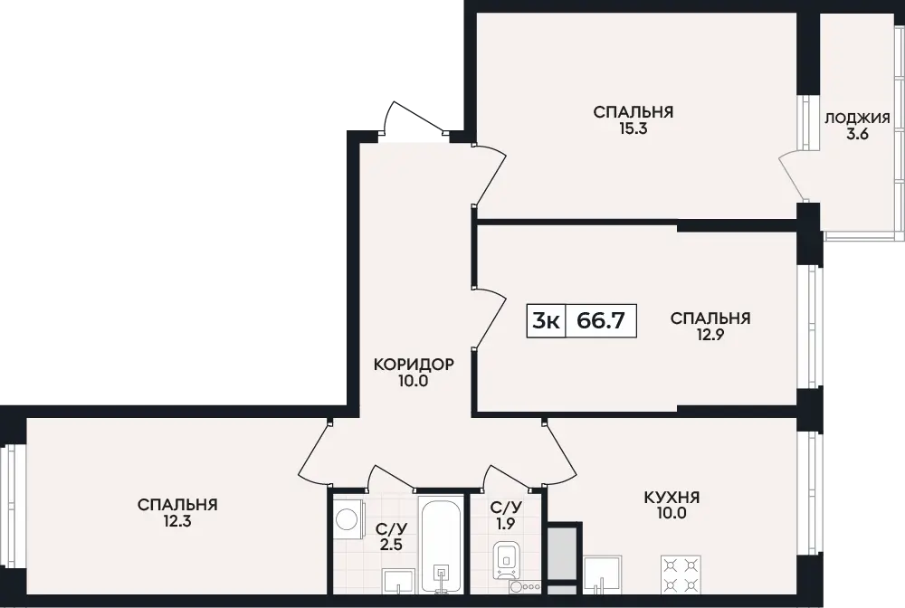 Квартира 3-комн. 66.7 кв. м