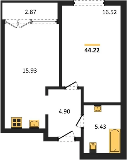 Квартира 1-комн. 43.96 кв. м