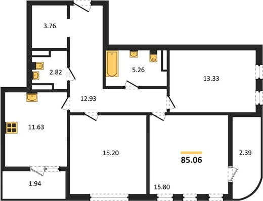 Квартира 3-комн. 85.06 кв. м