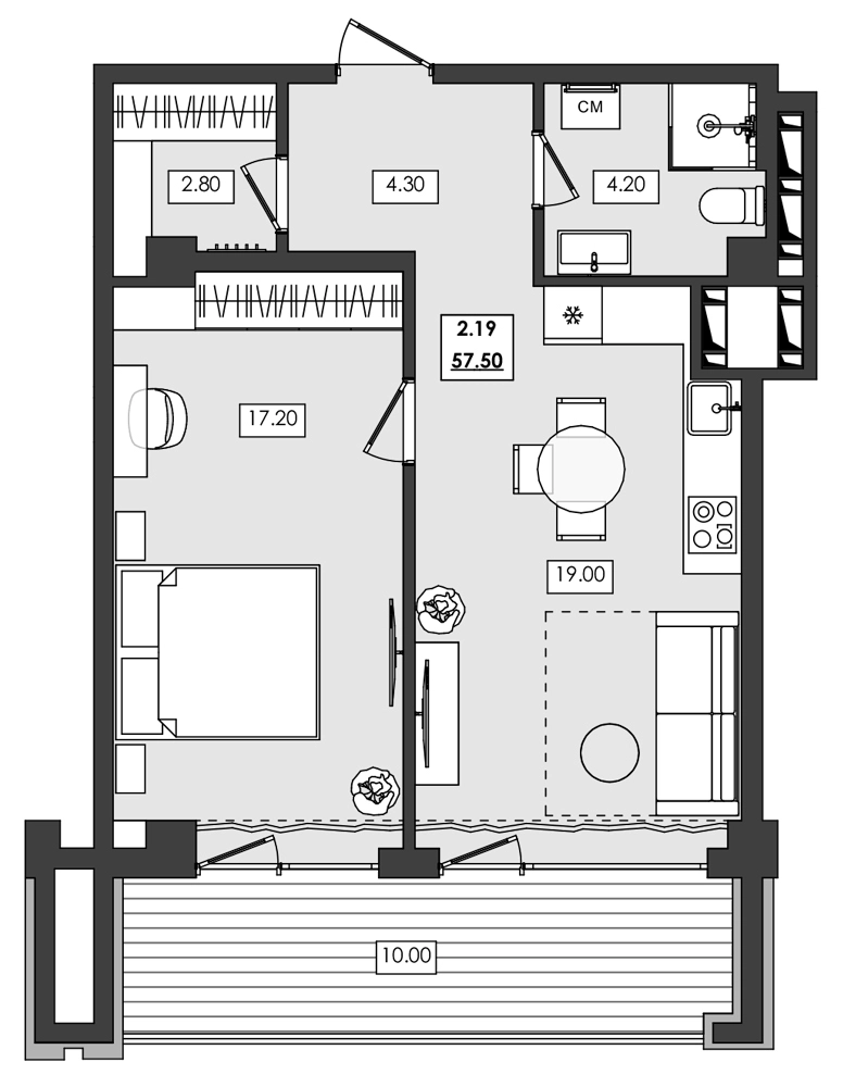 Апартаменты 2-комн. 57.5 кв. м