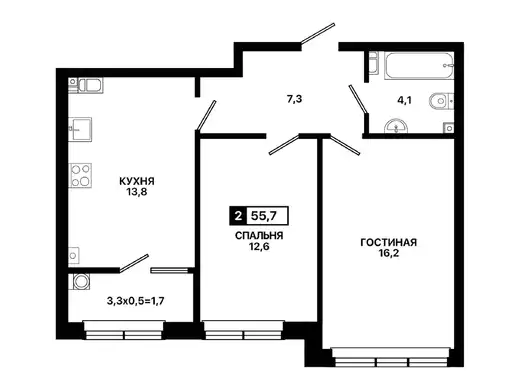 Квартира 2-комн. 55.7 кв. м