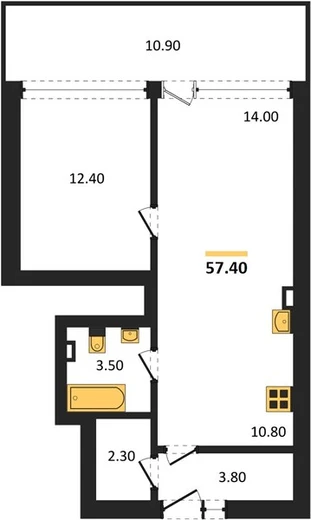 Апартаменты 1-комн. 57.4 кв. м