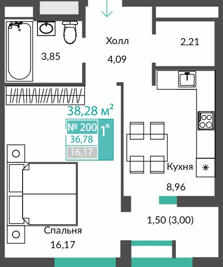 Квартира 1-комн. 36.78 кв.м