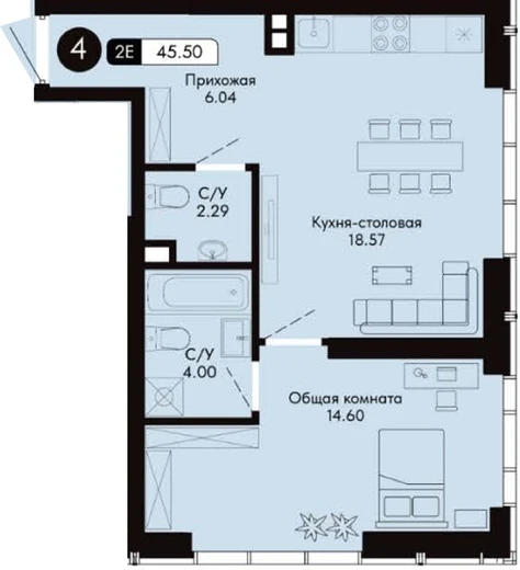 Квартира 1-комн. 45.5 кв. м