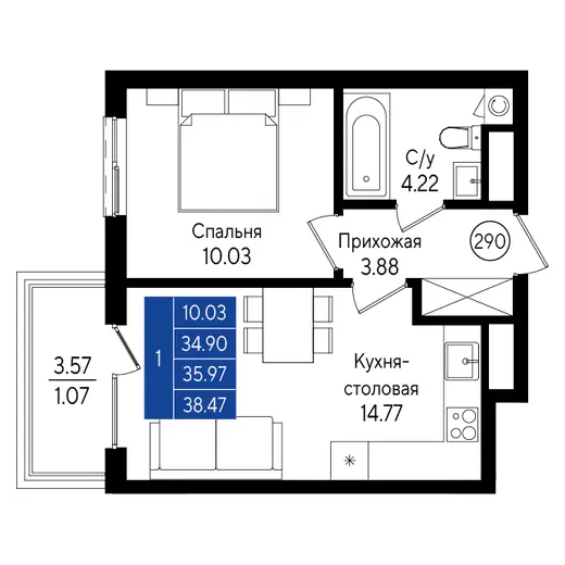 Квартира 1-комн. 33.97 кв. м