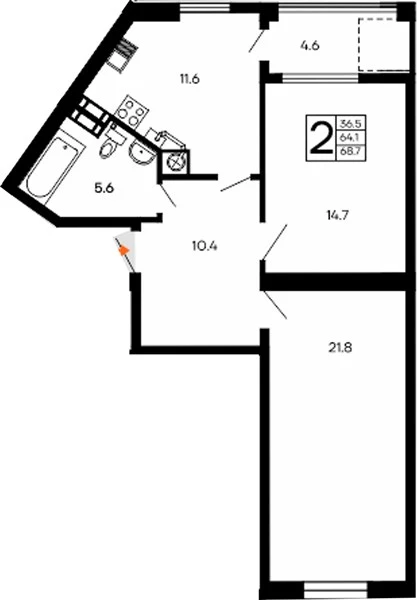 Квартира 2-комн. 68.7 кв. м