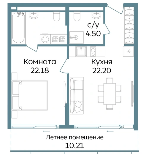 Апартаменты 2-комн. 59.09 кв. м