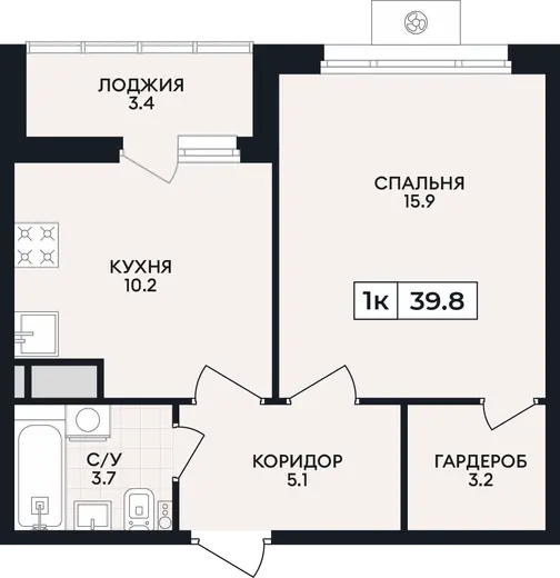 Квартира 1-комн. 39.8 кв. м