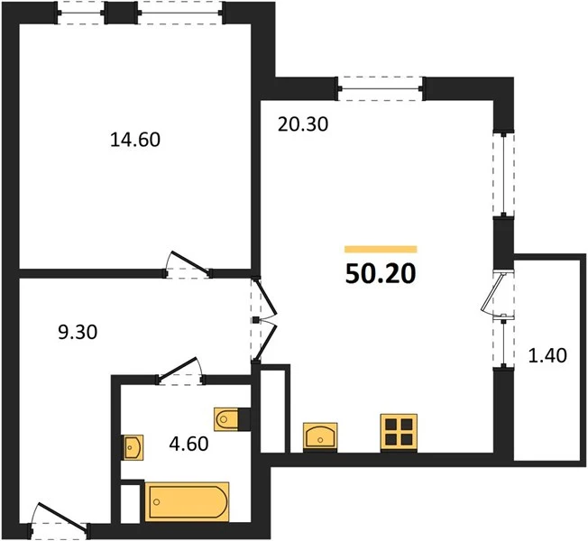 Квартира 1-комн. 50.2 кв. м