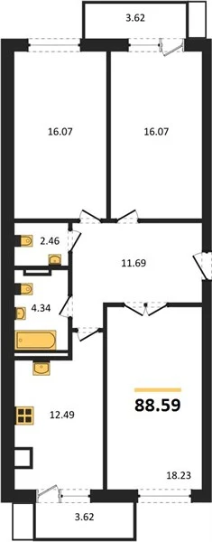 Квартира 3-комн. 88.59 кв. м