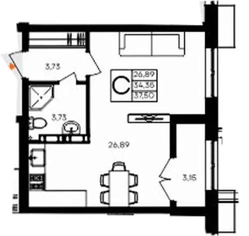 Квартира Студия 37.5 кв. м