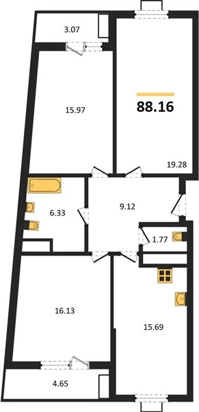 Квартира 3-комн. 88.16 кв. м